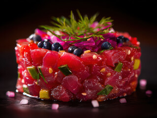 Citrus Tuna Tartare with Herbs and Berry Garnish on Dark Surface