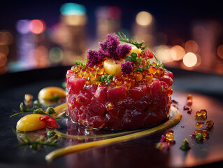 Tuna Tartare Stack with Colorful Garnish Against Urban Night Skyline