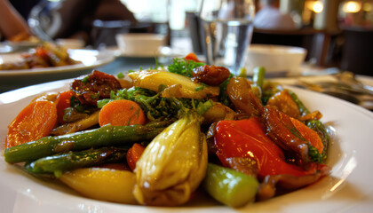 Colorful Stir Fried Vegetables on Plate in Restaurant