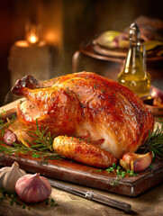 Roasted Whole Turkey on Wooden Board with Herbs Garlic and Oil
