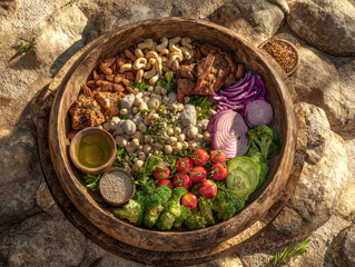 Colorful Vegetable Platter in Wooden Bowl on Rocky Surface