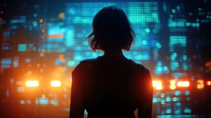 Silhouette of female hacker in futuristic neon-lit cyber environment