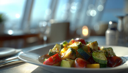 Fresh Roasted Vegetable Salad on Plate in Bright Dining Room