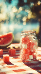 Juicy Watermelon Pieces in Glass Mason Jar on Checkered Tablecloth