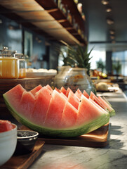 Sliced Watermelon on Wooden Board in Buffet Setting