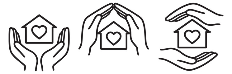 Line art home protection icon set featuring hands holding a house with a heart for housing, security, or family concepts