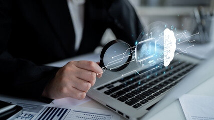 Concept of artificial intelligence and machine learning. A central processor transfers information to a cloud brain, representing a global neural network and deep learning. Fermion