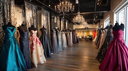 Fototapeta premium Elegant evening gowns displayed in a stylish boutique setting with chandeliers