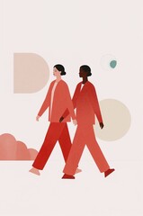 Two women walking in red