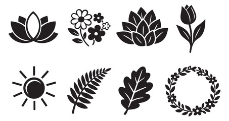Simple graphic nature icons set featuring various flowers, leaves, a sun, and a floral wreath for decorative design