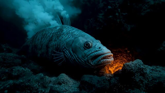 Deep Sea Anglerfish Glowing in Dark Ocean Depths with Bioluminescent Light Revealing Mysterious Marine Life in Extreme Underwater Environment