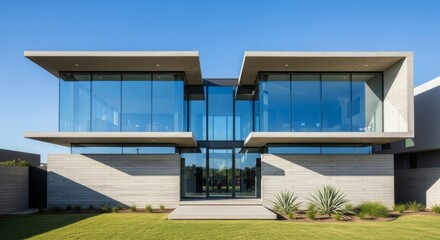 Striking contemporary luxury residence showcases minimalist modern architecture featuring cantilevered concrete volumes and expansive floor to ceiling glass curtain walls under a clear blue sky