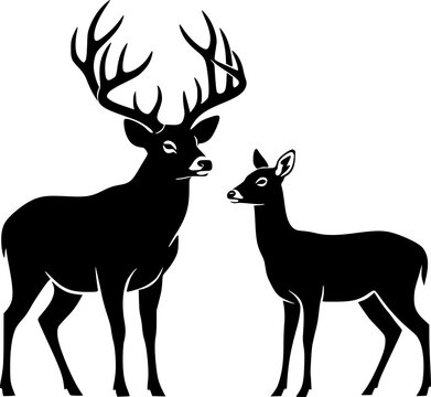 Buck and Doe Silhouette &ndash; Black Vector Illustration, Majestic Buck with Antlers Beside Graceful Doe, Wildlife Couple, Nature, Strength and Elegance, Minimal Clipart, Editable Vector Design.