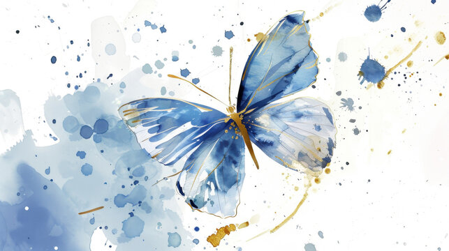 Blue watercolor butterfly with gold accents isolated on white background artistic illustration