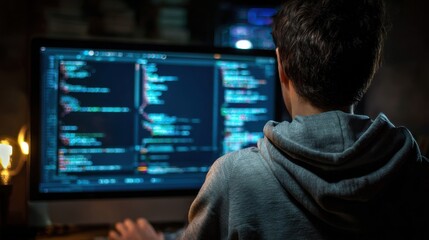 Software engineer codes firewall rules on computer screen to secure digital infrastructure from malware and intrusions.