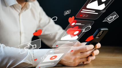 A man scrolls through his social media feed, the concept of multimedia content consumption and social media interaction, streaming services, and personal brand marketing.