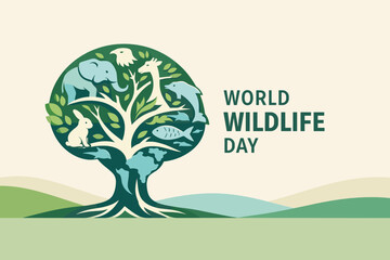 World wildlife day with tree of life and animal silhouettes. Symbol of ecosystem balance and environmental protection