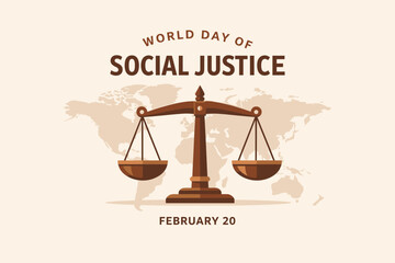 World day of social justice with balance scale over world map. Theme of equality, rights, and global fairness