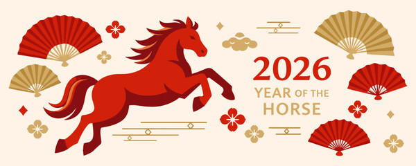 Chinese new year 2026 greeting with red horse and traditional ornaments. Theme of zodiac celebration, luck, and prosperity