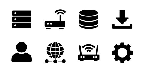Technology and data icon collection in black. Set includes server stack, wifi router, database, download arrow, user profile and network connection icons