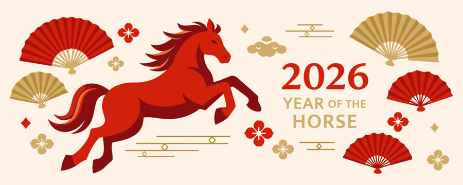Chinese new year 2026 greeting with red horse and traditional ornaments. Theme of zodiac celebration, luck, and prosperity