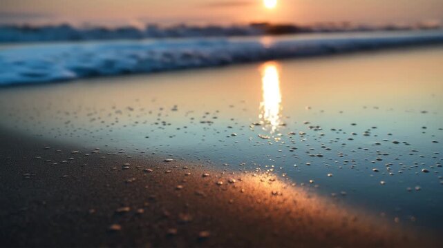 夕暮れの小波が寄せる静かな砂浜の情景