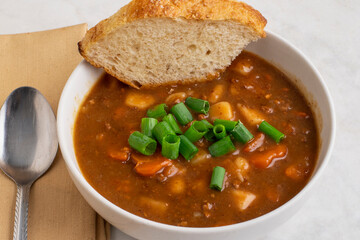 beef stew with scallions and bread