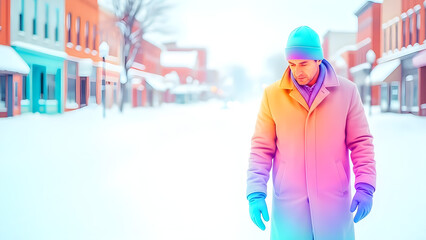 Man walking in winter snow on colorful street in small town  