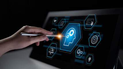 Head with gear and icons representing learning, digital training, and development process, showing skill growth for human or AI systems through knowledge or task optimization Latch
