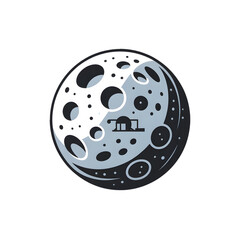 Stylized moon graphic with craters and a lunar base on surface.