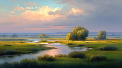 Naklejka premium Golden hour sunset over a marshy landscape with winding rivers and scattered trees nature wetland photo