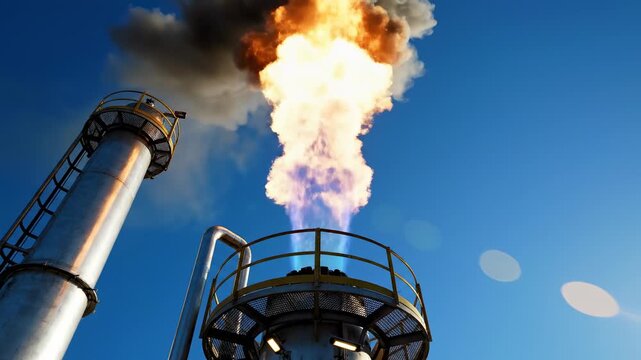 Industrial flare stack burning gas and smoke at petrochemical plant. Concept of industrial energy and environmental impact