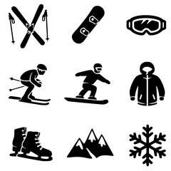 A grid of nine black silhouette icons representing winter sports and activities