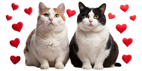 Two cats sitting surrounded by red hearts on white background isolated on a transparent background felines
