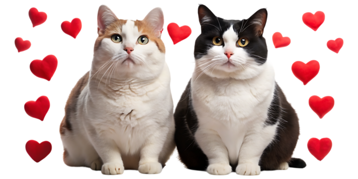 Two cats sitting surrounded by red hearts on white background isolated on a transparent background felines - Powered by Adobe