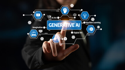 A professional person interacts with a digital interface displaying elements related to generative AI, emphasizing creativity, innovation, and modern technology. Tessel