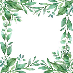 Watercolor green leaves frame botanical border isolated on white background