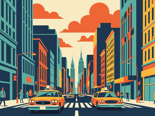 vector illustration of a bustling city street with yellow taxis and towering buildings under a vibrant sky © Purnomo