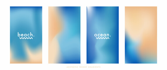 Light blue and beige gradient background. Abstract blurry ocean landscape texture. Beach bg. Sea wave pattern. Set of 4 defocused vertical vector gradient background for poster, ig, social story post