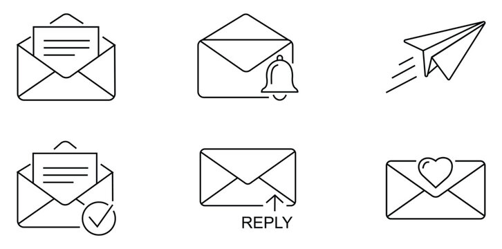 Email Icons Collection: A set of six meticulously crafted line icons representing various email-related concepts, perfect for digital design projects. 