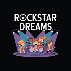 Fototapeta premium Children Rock Band Performing on Stage with Lights, Rockstar Dreams Text, Vector Illustration