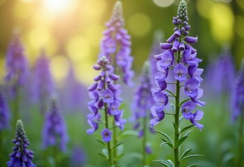 Fototapeta premium Delphinium flowers blooming in a summer garden, perfect for nature, gardening, and seasonal visual content.