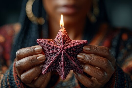 Symbolic moment of Black woman holding lit star-shaped candle, representing celebration, spirituality, and warmth in contemporary cultural context