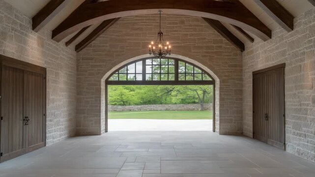 The spacious entryway features elegant architecture, with natural light from large windows and stylish wooden doors
