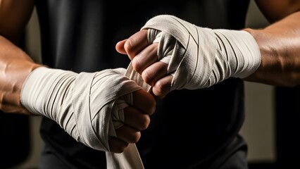 Boxer wrapping hands with white tape for training or competition