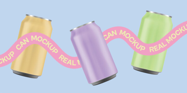 Colorful soda can mockup set with floating pastel cans and ribbon text on blue background, realistic beverage packaging design, vector