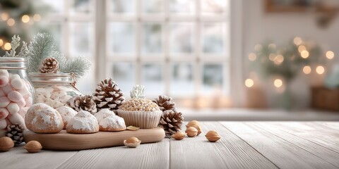 Winter holiday dessert arrangement with cookies, pinecones, marshmallows, nuts, and frosted branches on rustic table with glowing festive lights for seasonal celebrations
