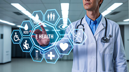 Medical professional interacting with digital E-HEALTH interface featuring hexagonal healthcare icons in modern setting