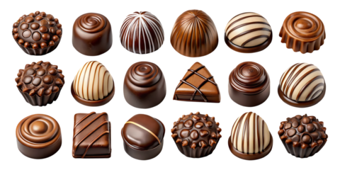 Assorted chocolates on white background isolated on a transparent background sweets candies brown