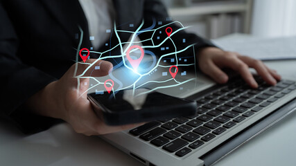 Concept of location tracking and GPS navigation. Map with pins marking a destination and points of interest for travel, delivery routes, or finding a specific address. Fermion